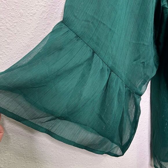 Torrid Green Semi Sheer Fairy Green Bell Sleeve V Neck Tassel Shimmer Top Sz 5X - Picture 5 of 15